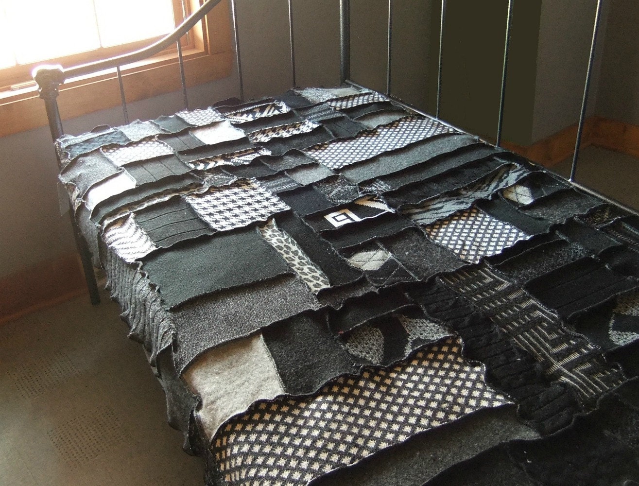 Patchwork knit quilt blanket, black, white and gray, rustic decor, throw