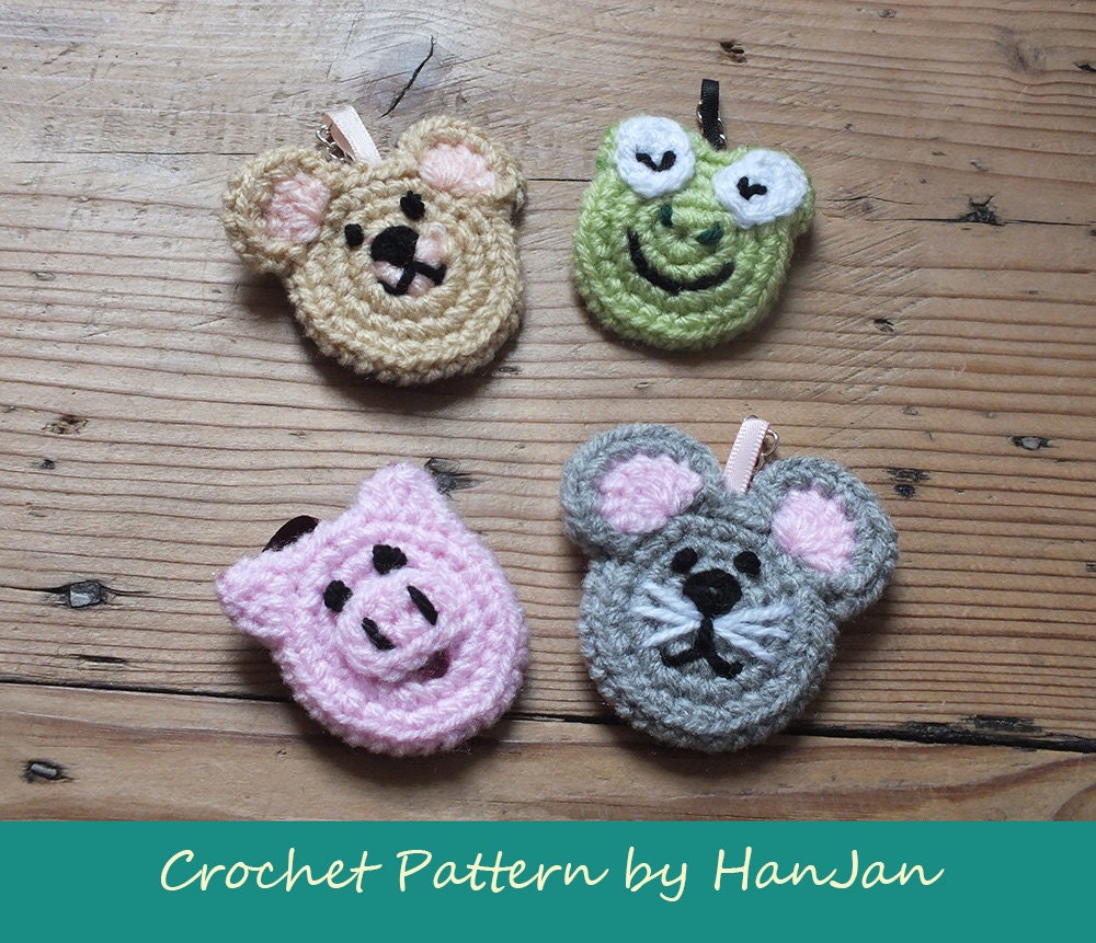Instant Download PDF Crochet Pattern:Animal Appliques, Frog, Mouse, Pig and Teddy Bear, easy US instructions withHanJan tutorial