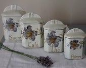 French Vintage cannister set in ceramic with beautiful blue Iris design, shabby chic, country cottage