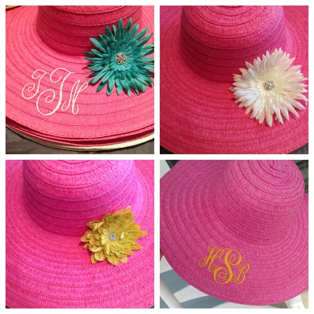 pink monogram straw hat summer beach with your choice of flower