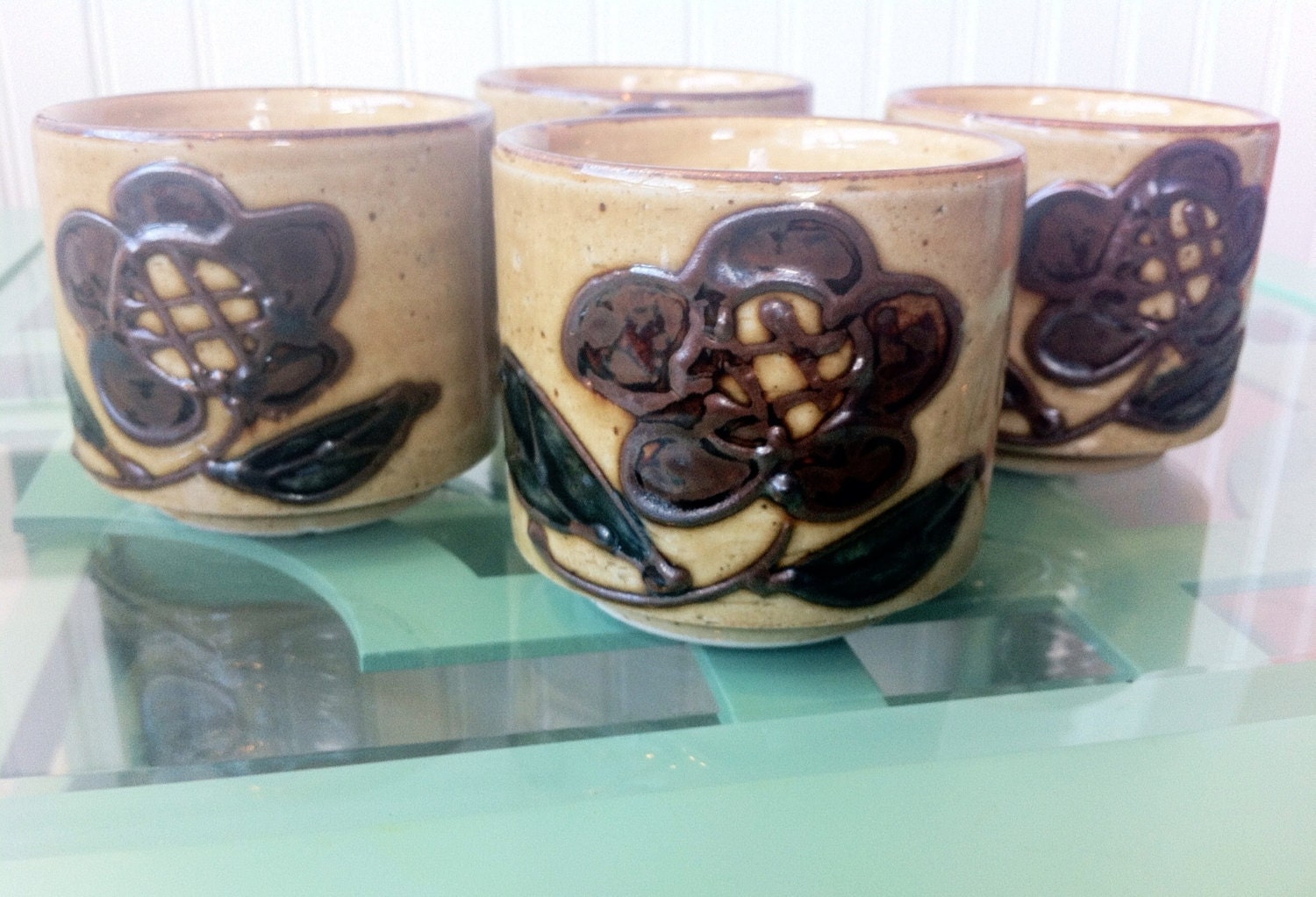 Brown Tan Flower Pottery Sake Cups Tea Cups Handmade Scented Soy Candle Up Cycled Container