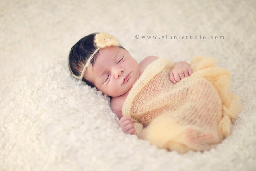 Newborn photography prop set Mohair wrap/crochet flower headband Newborn baby wrap Baby blanket Yellow Photo prop set Many colours