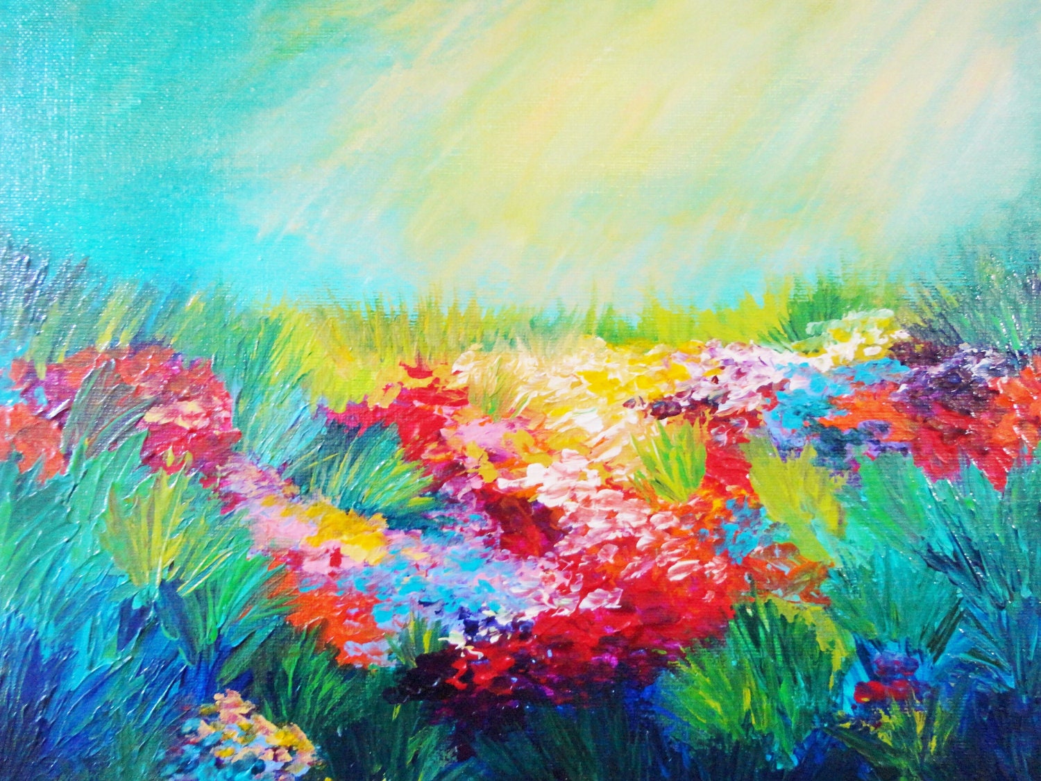 SALE - ETHEREAL DAYS Abstract Acrylic Painting, Free Shipping, Floral Landscape 11 x 14 Rainbow Wildflowers Field Summer Gift Artwork
