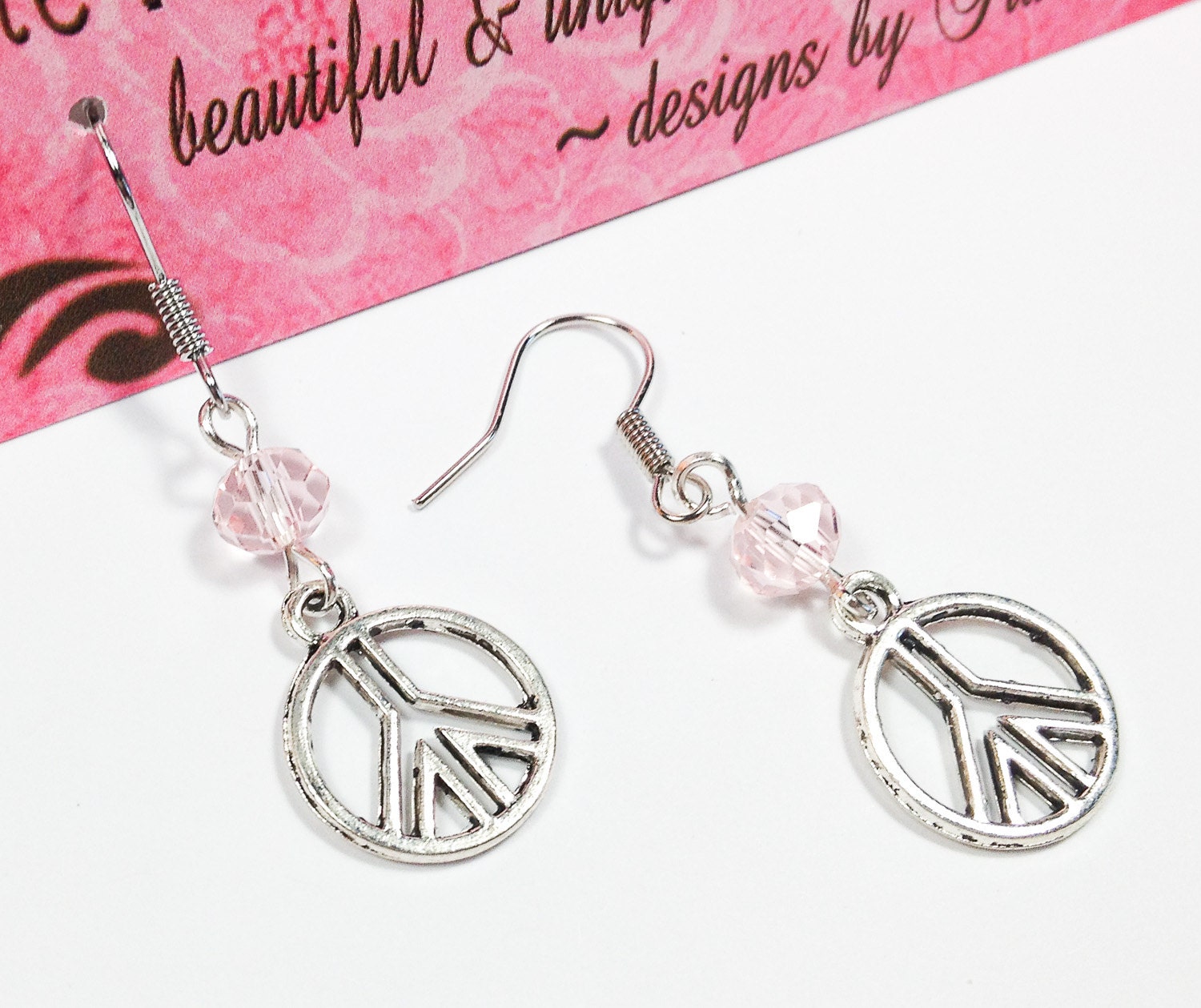 Dangle Earrings with Pink Swarovski Crystals & Silver Peace Sign Cutout Charms