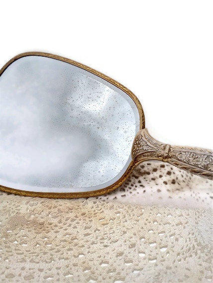 Vintage Hand Mirror Shabby Chic Gold and Silver Tone Brass Metal Floral Scrolls 1950s