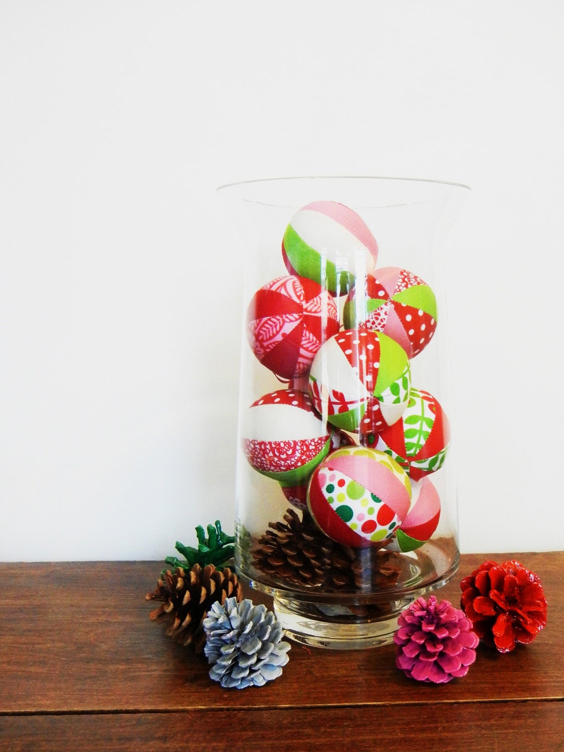 Set of 8 - Whimsical fabric Christmas balls - Home decor, table centerpiece, mantle - red, white, green, pink - Walkervilletextiles
