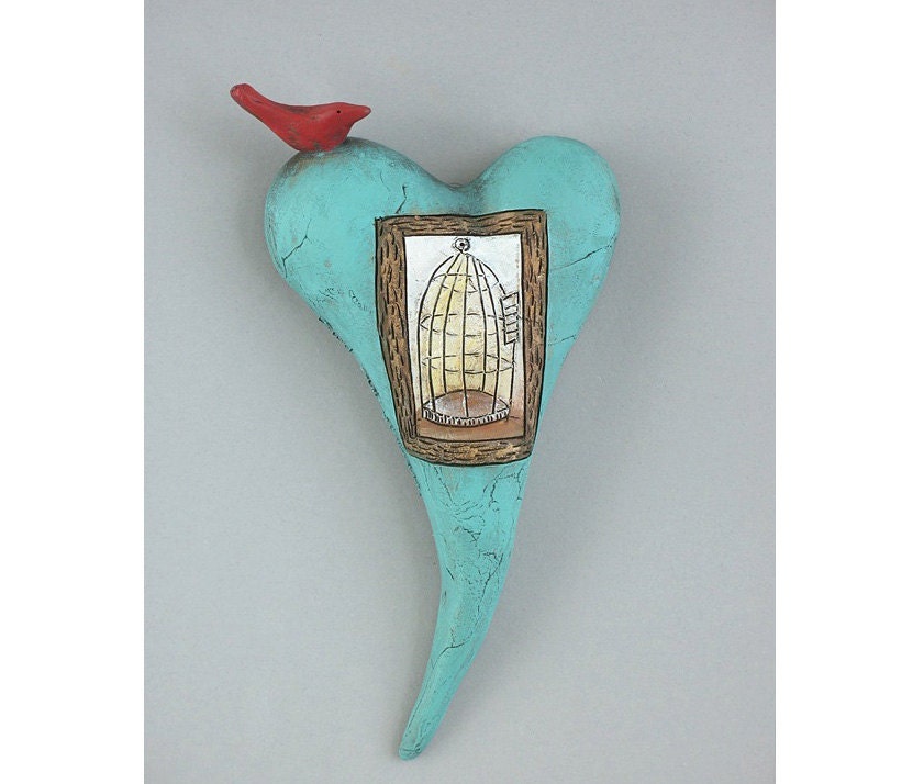 Heart, ceramic wall art, Jacquline Hurlbert, one of a kind, unique, title: "Bird Out of Cage"