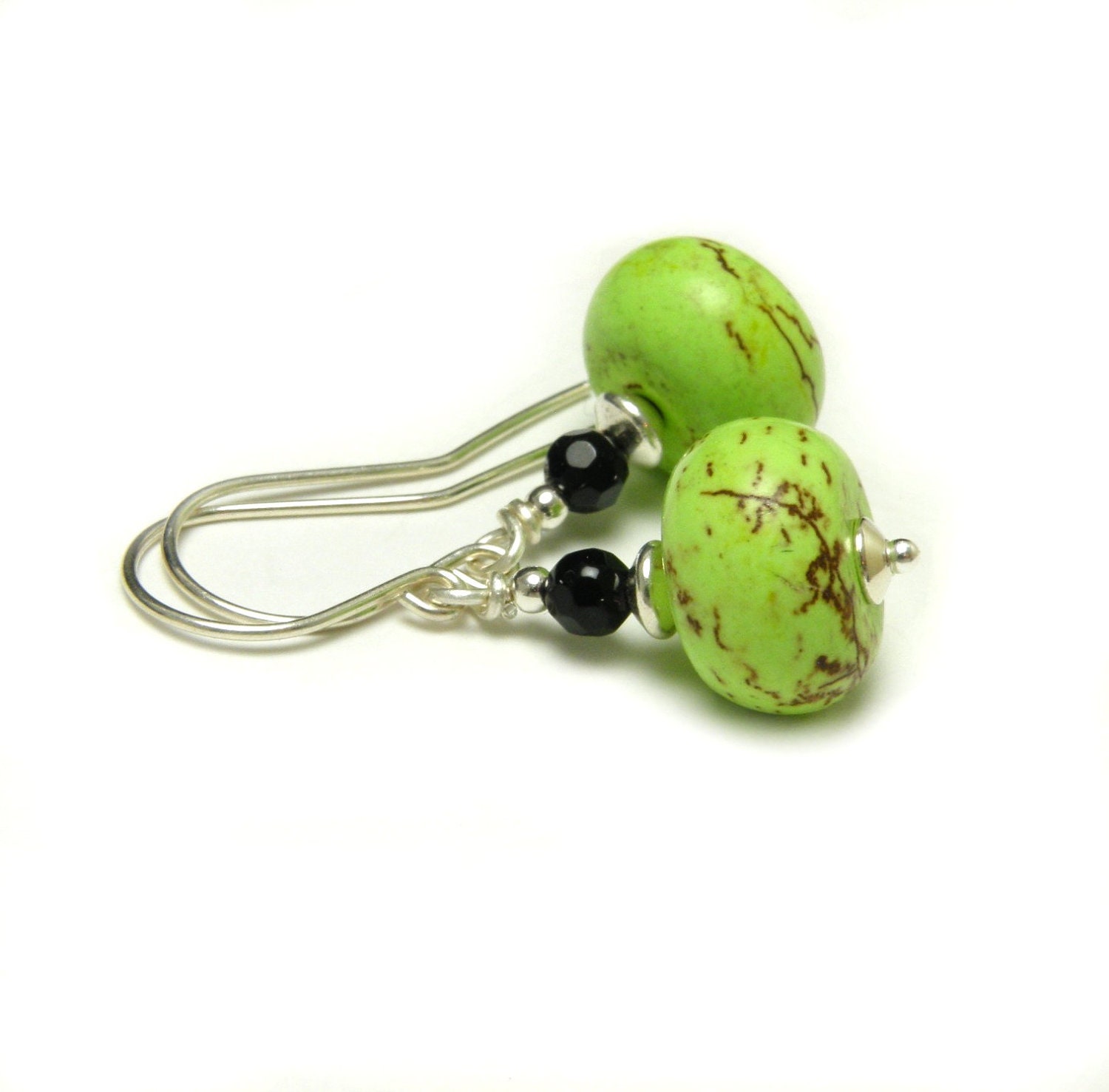 Sterling Silver Earrings  - natural stone, green lime, black