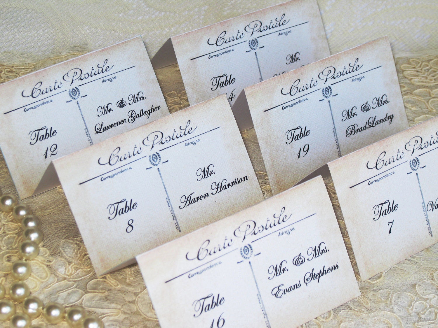 Vintage French Inspired Post Card Tented Place Cards Name Cards Escort Cards Wedding Anniversary Party Customized Color 037