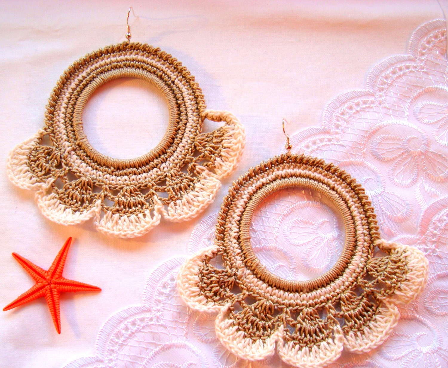 SALE -30% Crochet Hoop Earrings Handmade Jewelry ecru white Earrings