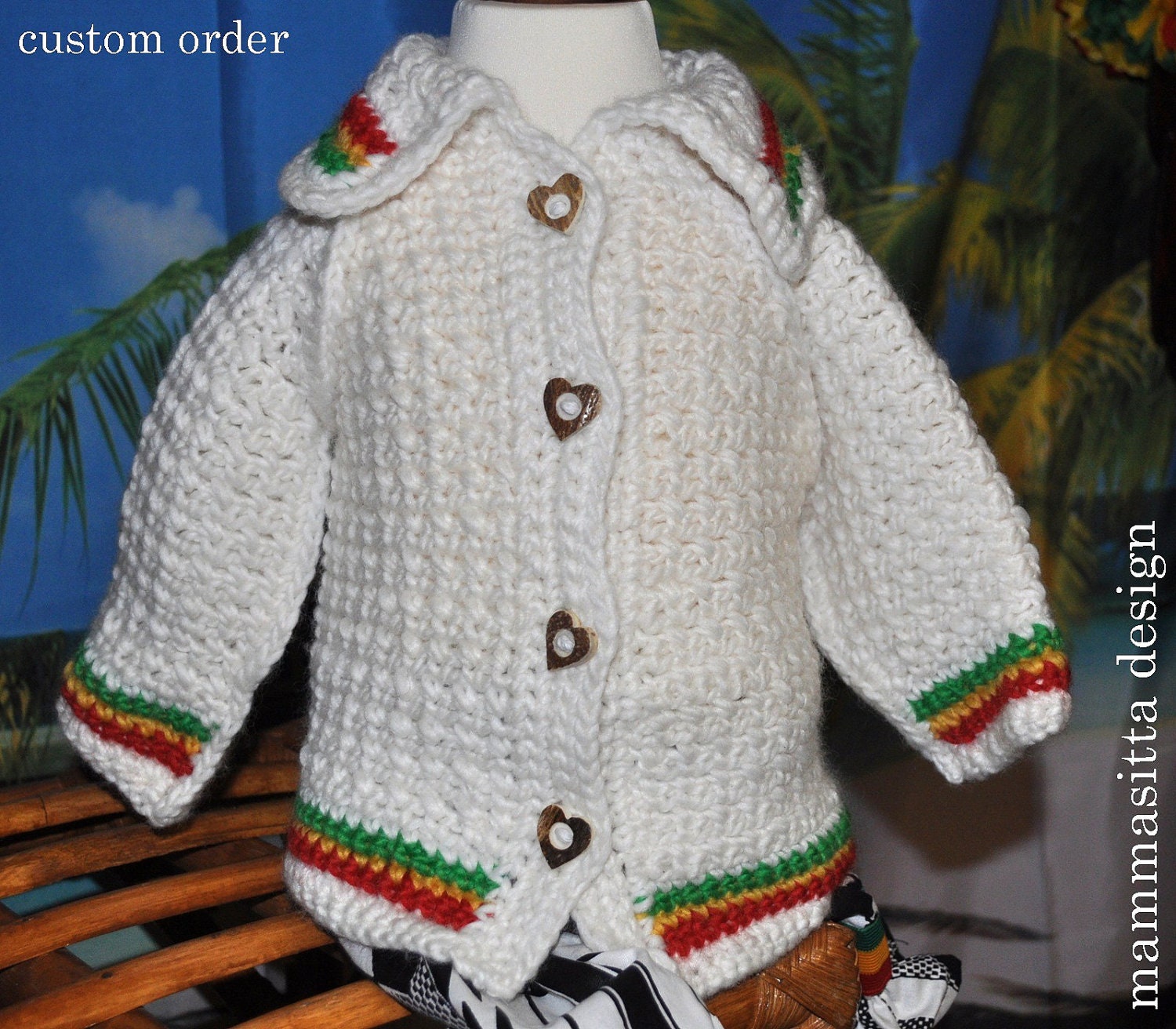CUSTOM ORDER for msantixxx white crochet-babycardigan (Rasta) 6-12 months