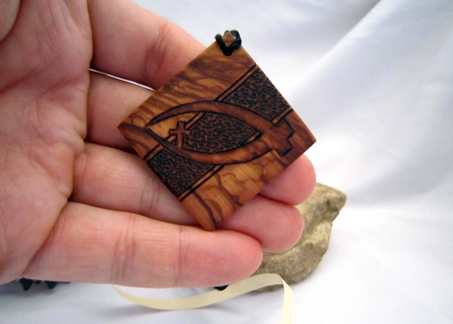Jesus Fish Necklace Olive Wood Pendant - Christian Fish