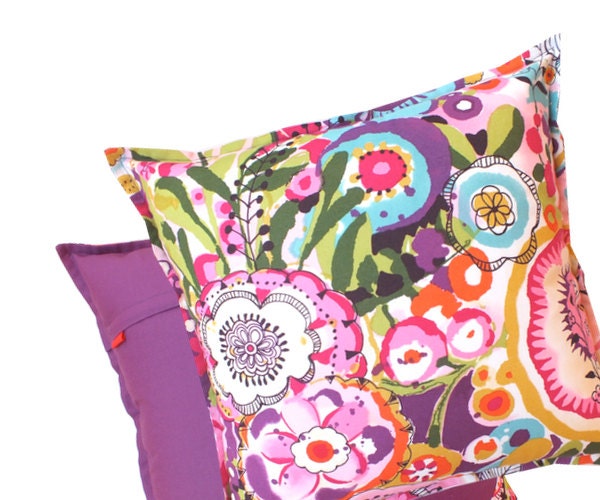 Multicolor flower print pillow cover 16x16 - Purple Orange  Cyan  Pink