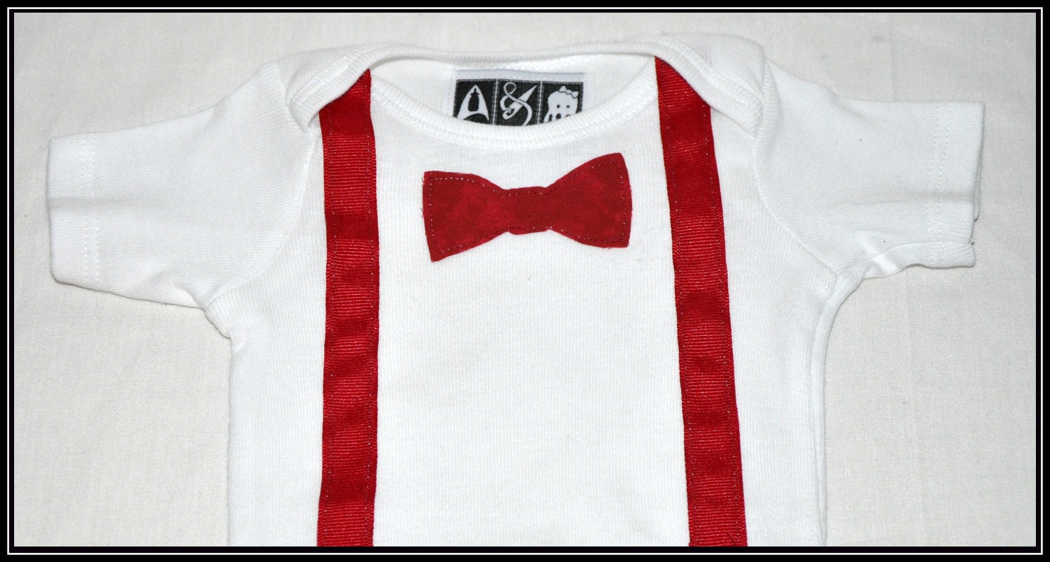 Doctor Who Inspired Onesie with Bow Tie and Red Ribbon Suspenders - Geek-a-bye Baby -- Sci-Fi Geek - Handmade -- Available in Many Sizes