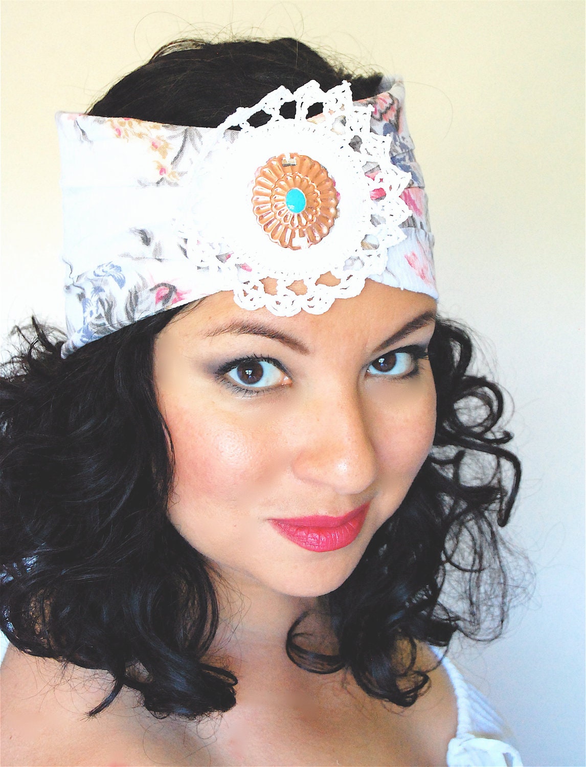 Boho half turban / floral print crochet / gypsy western / fabric headband / upcycled