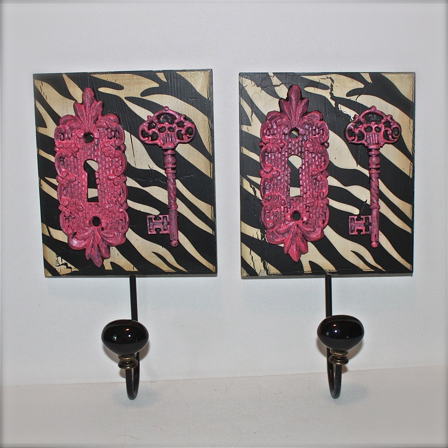 Wall Hook/ Pink Zebra Print Set/ Jewelry Organizer/ Bath Towel/ Robe Wall Hook/ Shabby chic/ Bathroom Fixture/ Cottage Chic/