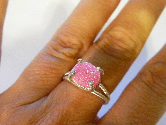 Pink druzy ring sterling silver size 6 3/4