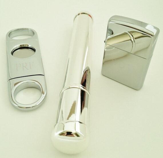 Buy cigar brands gifts - Engraved Silver Cigar Cutter, Cigar Tube, and Lighter- Gift for Man