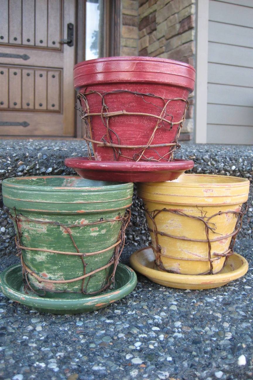 8 Rustic Clay Plant Pot and Saucer Custom by HotTinRoofCustoms