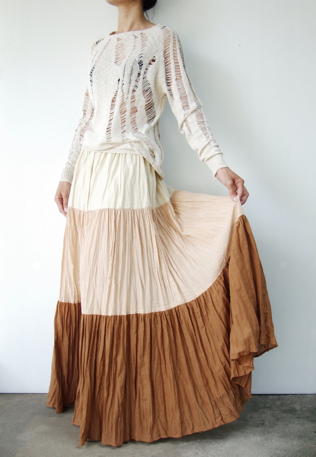 NO.53 Cream-Dusty Peach-Terracotta Cotton, Hippie Gypsy Boho Color-Block Tiered Skirt