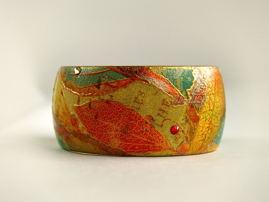 SALE.Bangle Bracelet with Swarovski Crystals " Autumn leaves " / Collage Art technique Shabby chic wood Decoupage bracelet
