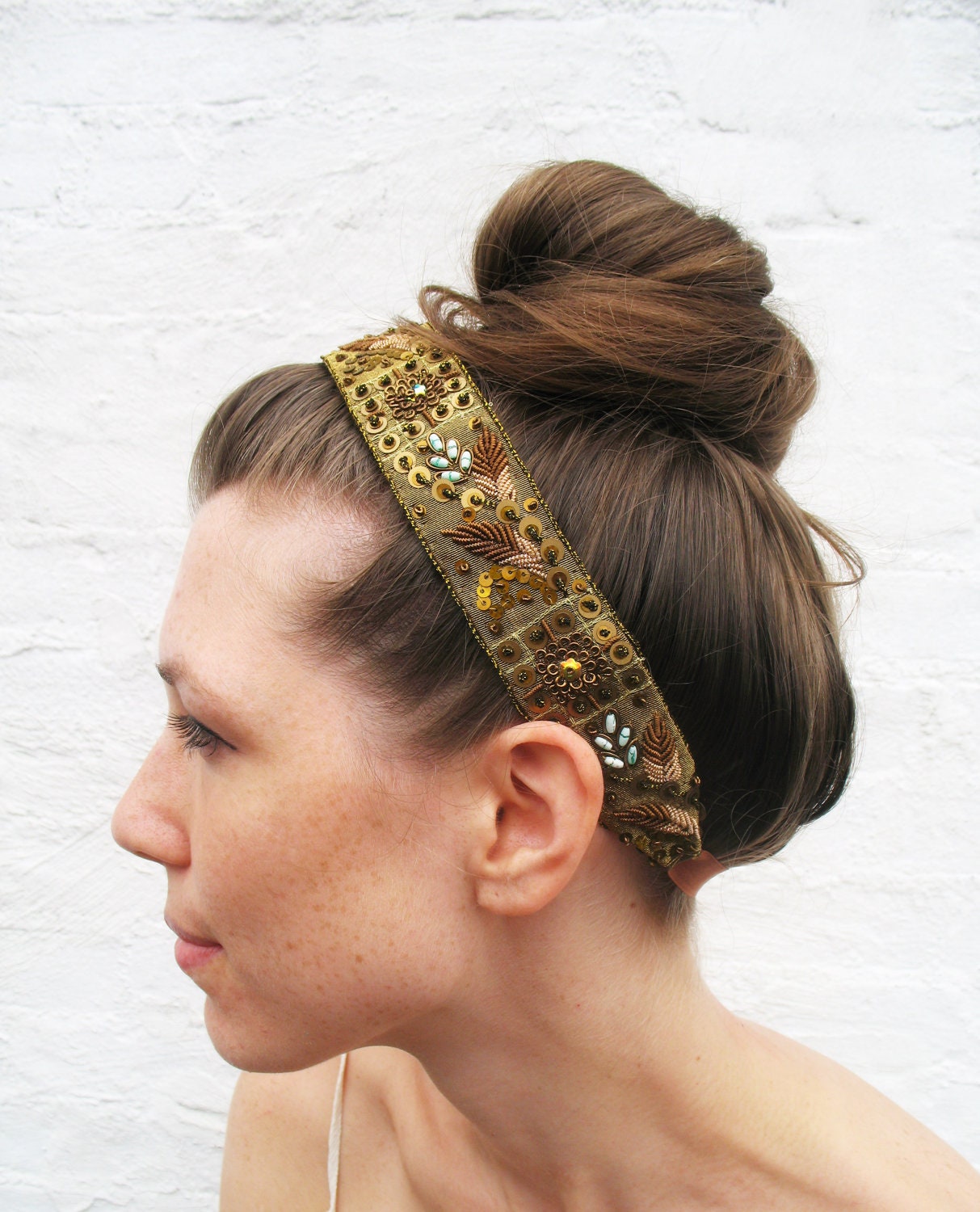 Gold Embroidered Headband Metallic Beaded with sequins and feather design