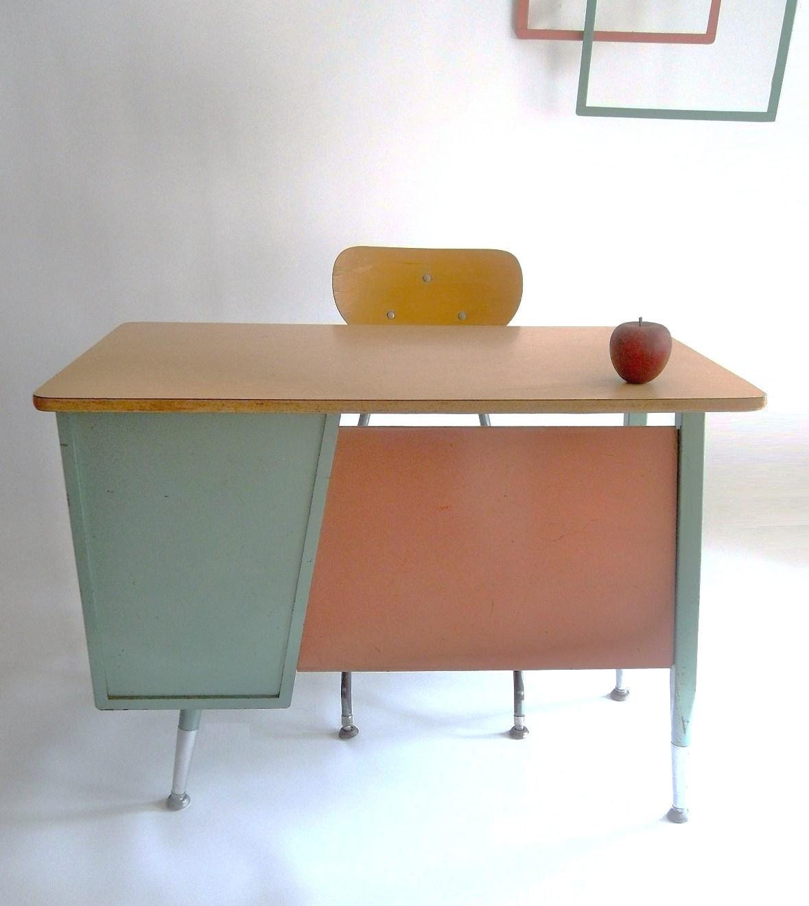 SALE 15% Off. K - 4 Retro Mid Century School Desk and Chair. Turquoise/Teal and Pink. Eames Era.