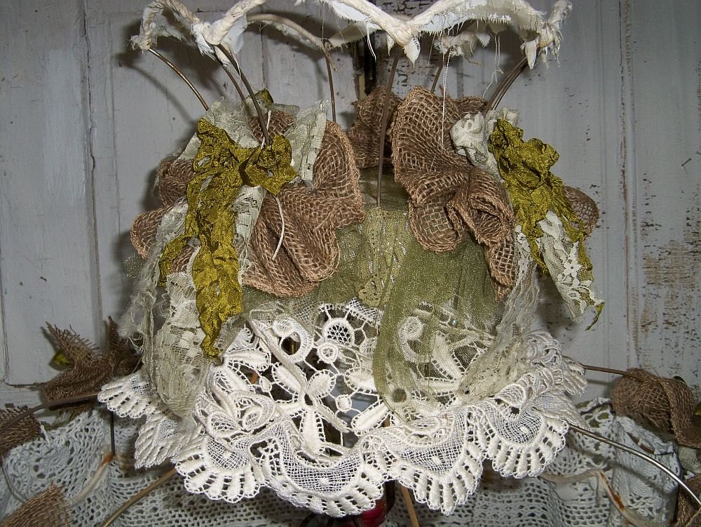 Shabby chic Victorian lamp shade decorated recycled materials tattered home decor OOAK Anita Spero