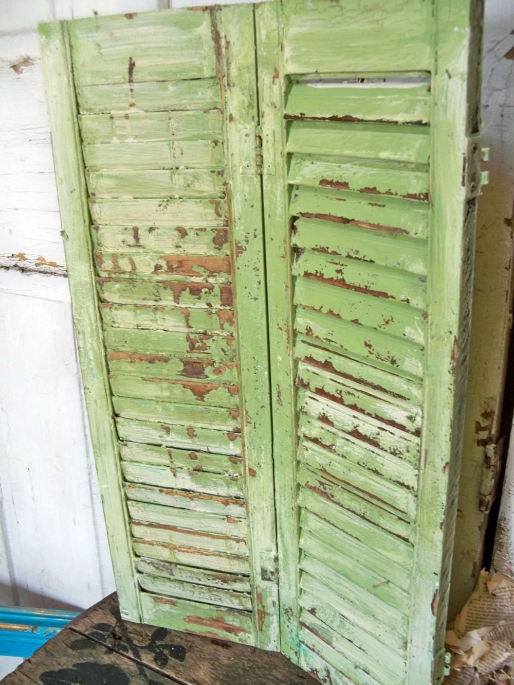 Shabby garden green wooden shutter heavily distressed home and cottage decor Anita Spero