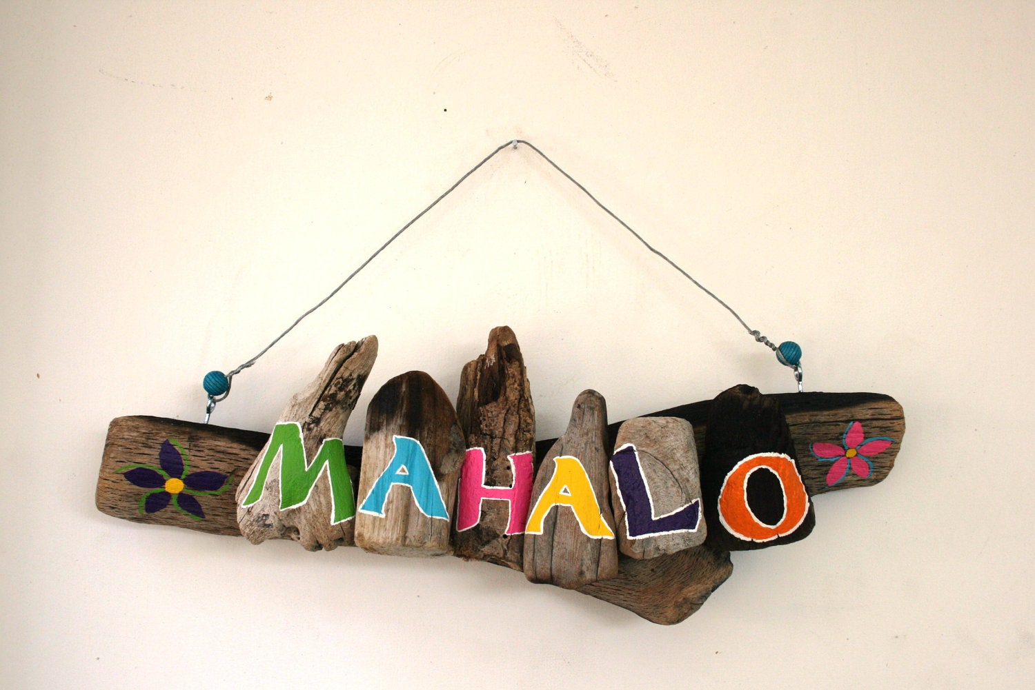 Hanging MAHALO Driftwood Sculpture with Yellow, Lime Green, Bright Blue Plumeria (Made to Order)
