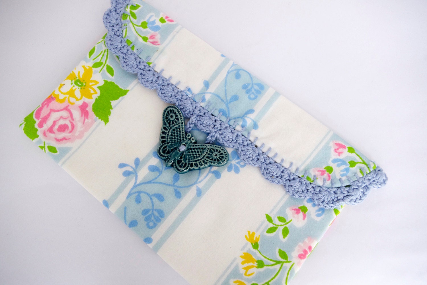 Clutch Blue butterfly Make up bag Crochet pouch Carry all Bridal bag