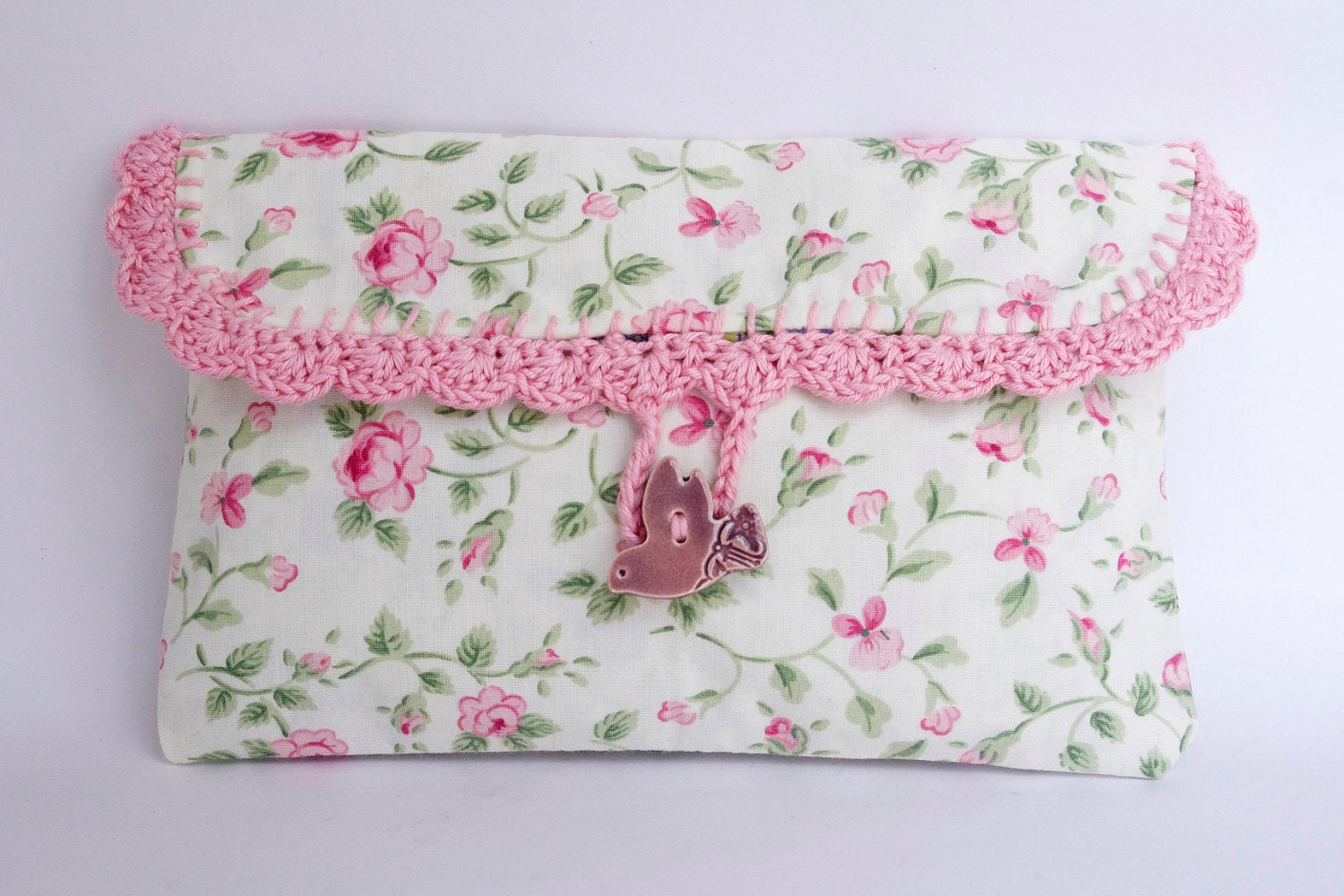 Cosmetic makeup bag, crochet lace clutch,pink lace pouch Vintage purse bird button bridal wedding