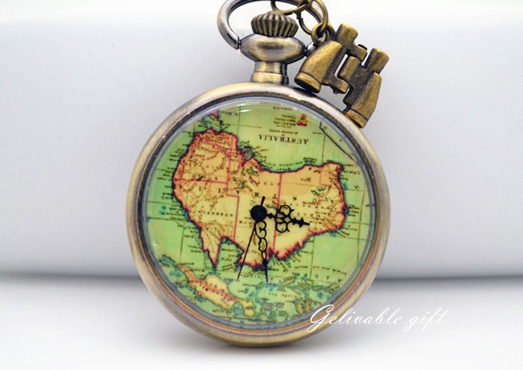Antique brass Oceania Australia map pocket watch necklace, telescope adventure necklace NWAU01 - Gelivablegift