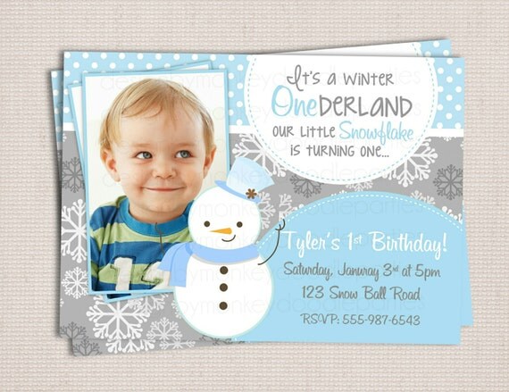 Winter ONEderland Boys Snowman Blue & Grey Birthday Party Printable Invitation Digital File Il_570xn