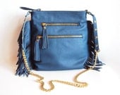 Fringe Leather Purse, Blue Cross Body Bag, Leather Shoulder Bag, Leather fringes, Messenger Bag, Studded Bag