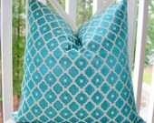 Decorative Pillow Cover - 18 x 18 Aqua Blue Turquoise Geometric Tile Designer Pillow Cover - Throw Pillow