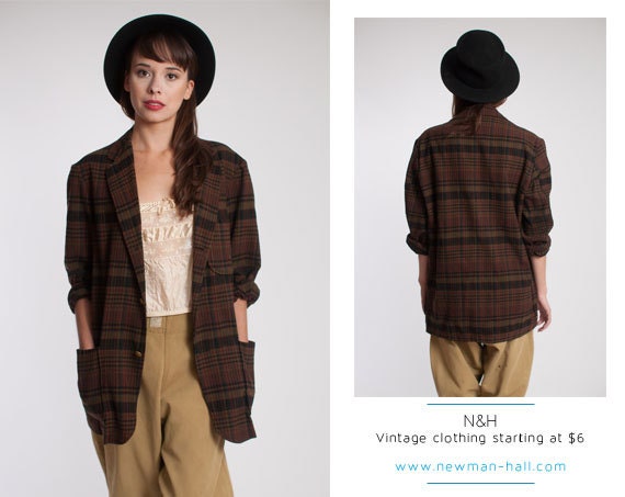 Vintage 70s Dark Plaid Blazer with Gold Buttons