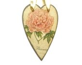 Heart with a Peony Flower - Wall Hanging  - Wedding Home Decor - Gift Tag - Valentines day Vintage Style Decoration - Gold Green Pink Beige