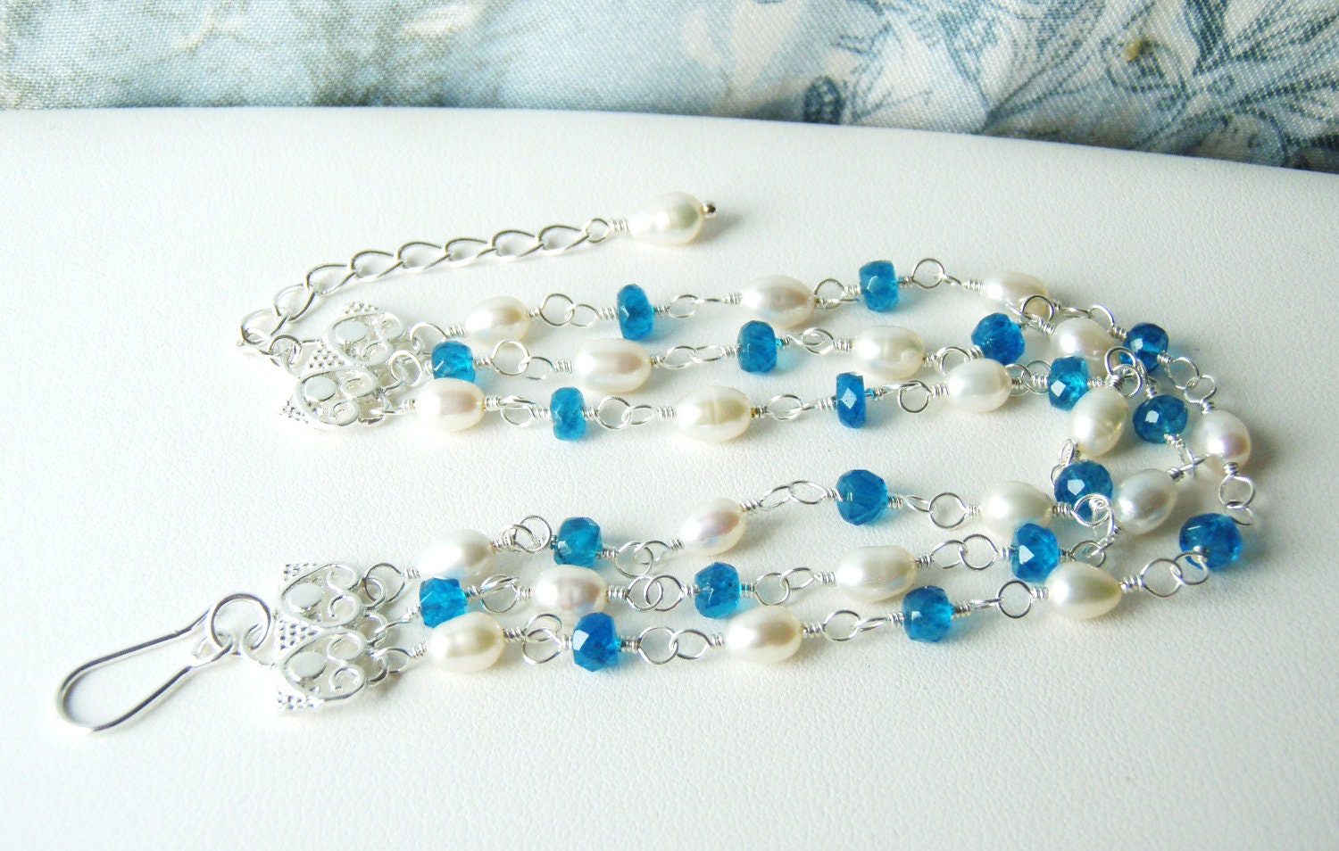 RESERVED - Blue apatite and pearl multi strand bracelet, sterling silver jewellery
