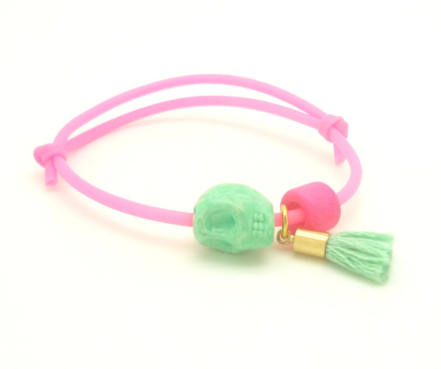Neon Pink & Mint Beaded Skull Bracelet - Mint Skull, Tassel, Neon Pink Ceramic Bead on Neon Pink Rubber Cord