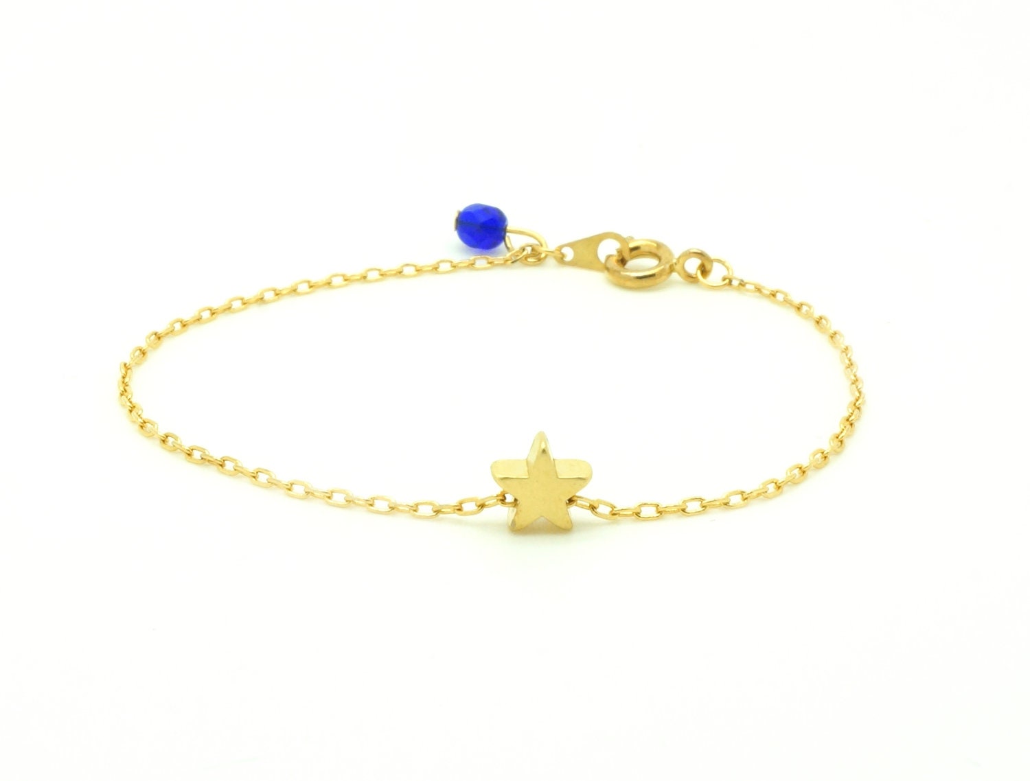 Tiny Star Bracelet - Matte 14k Gold Plated Star Charm on Gold Delicate Chain w/ Cobalt Blue Faceted Pendant READY TO SHIP