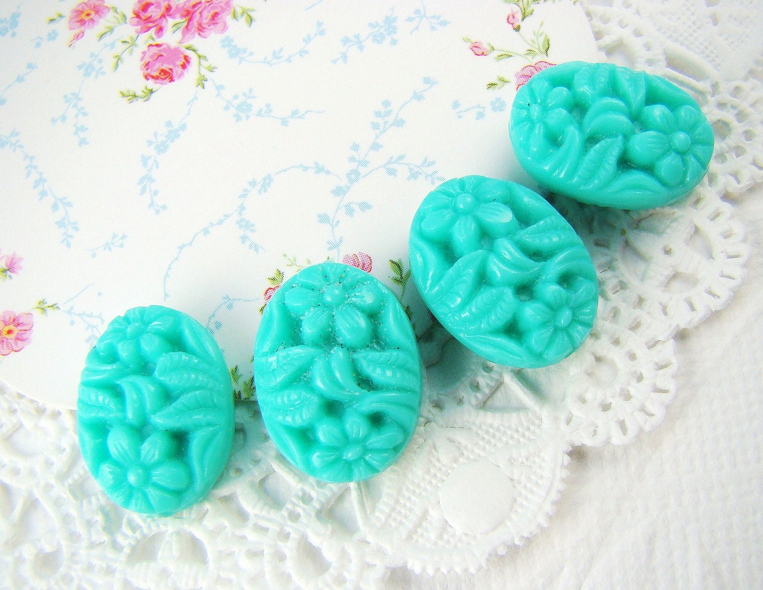 Vintage Chic Aqua Floral Flower Carved Oval Plastic Beads 16x12mm (6)