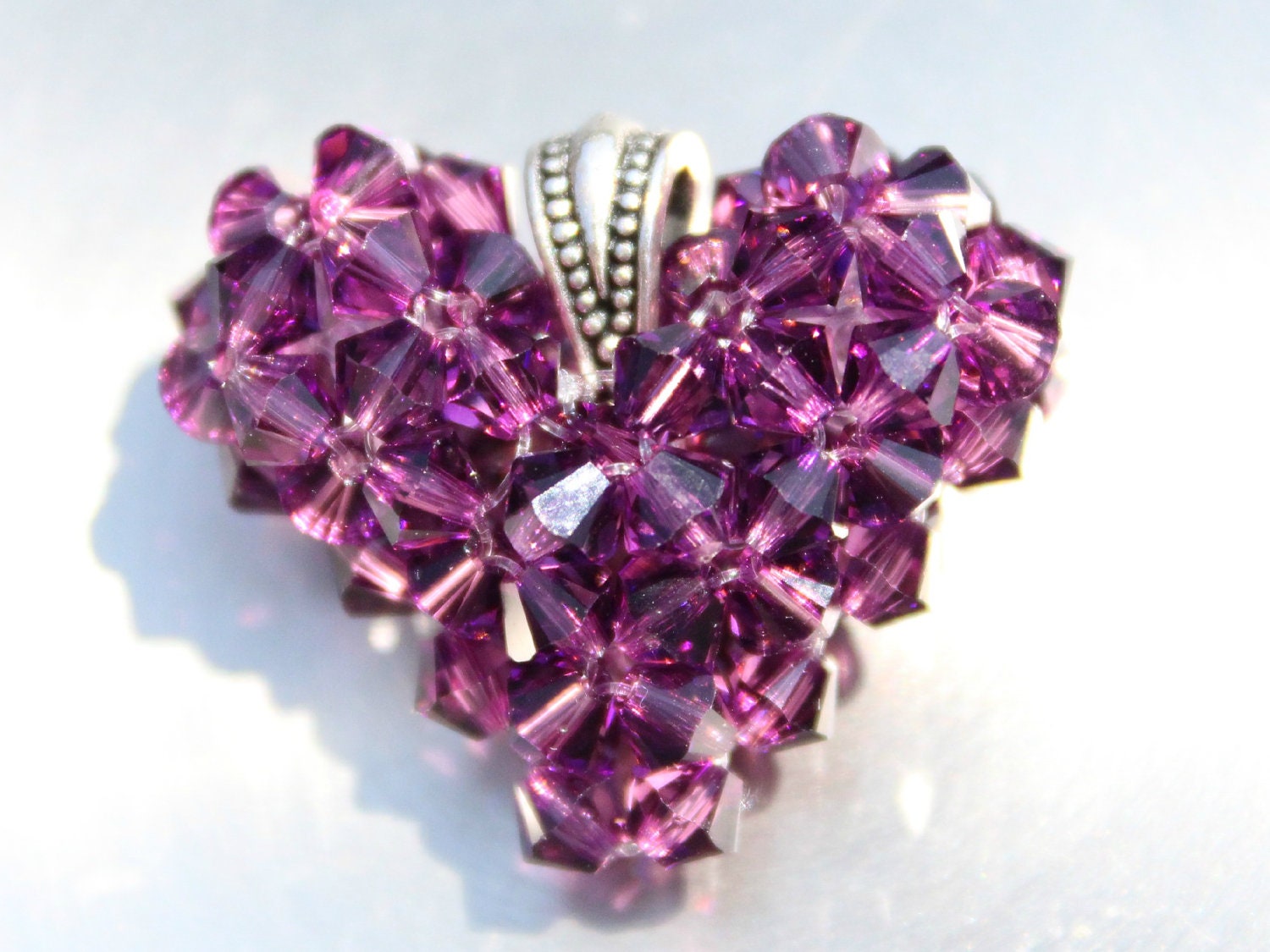 Floating Puffed Heart Necklace, February Birthstone Amethyst Swarovski Crystal Pendant, Purple Charm, Birthstone Jewelry