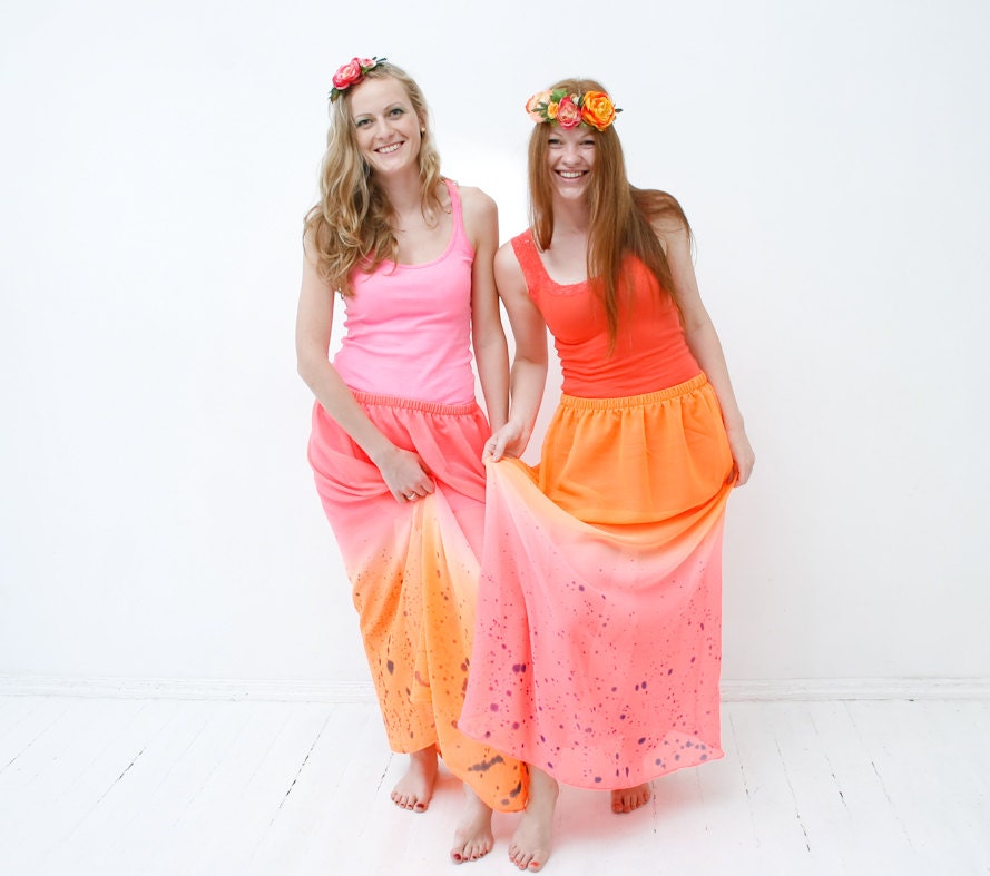 Grapefruit- neon orange & pink maxi skirt with delicate dark blue color splashes
