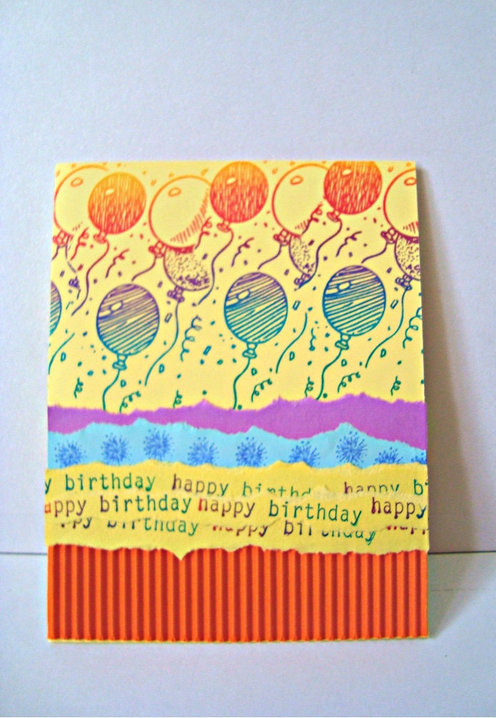 Balloons, Happy Birthday, yellow. purple, orange,Card, hand stamped