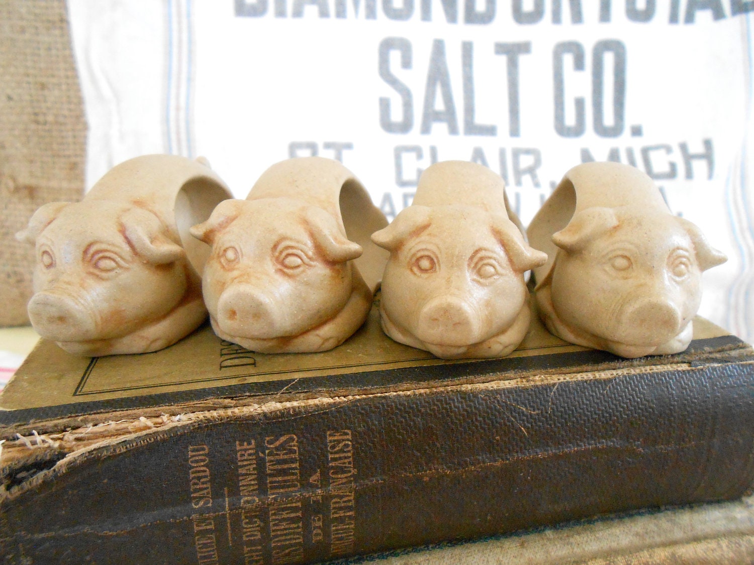 Pig Napkin Rings, Four Little Vintage Piggies Sepia Colored in Stoneware