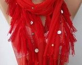 Red Elegant Scarf  Tulle fabric ....Crochet edge