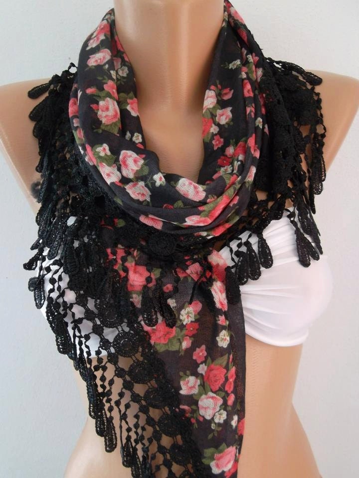 scarf womann Georgeus  Scarf   Elegance  Scarf    Feminine   Black  Pink flowered
