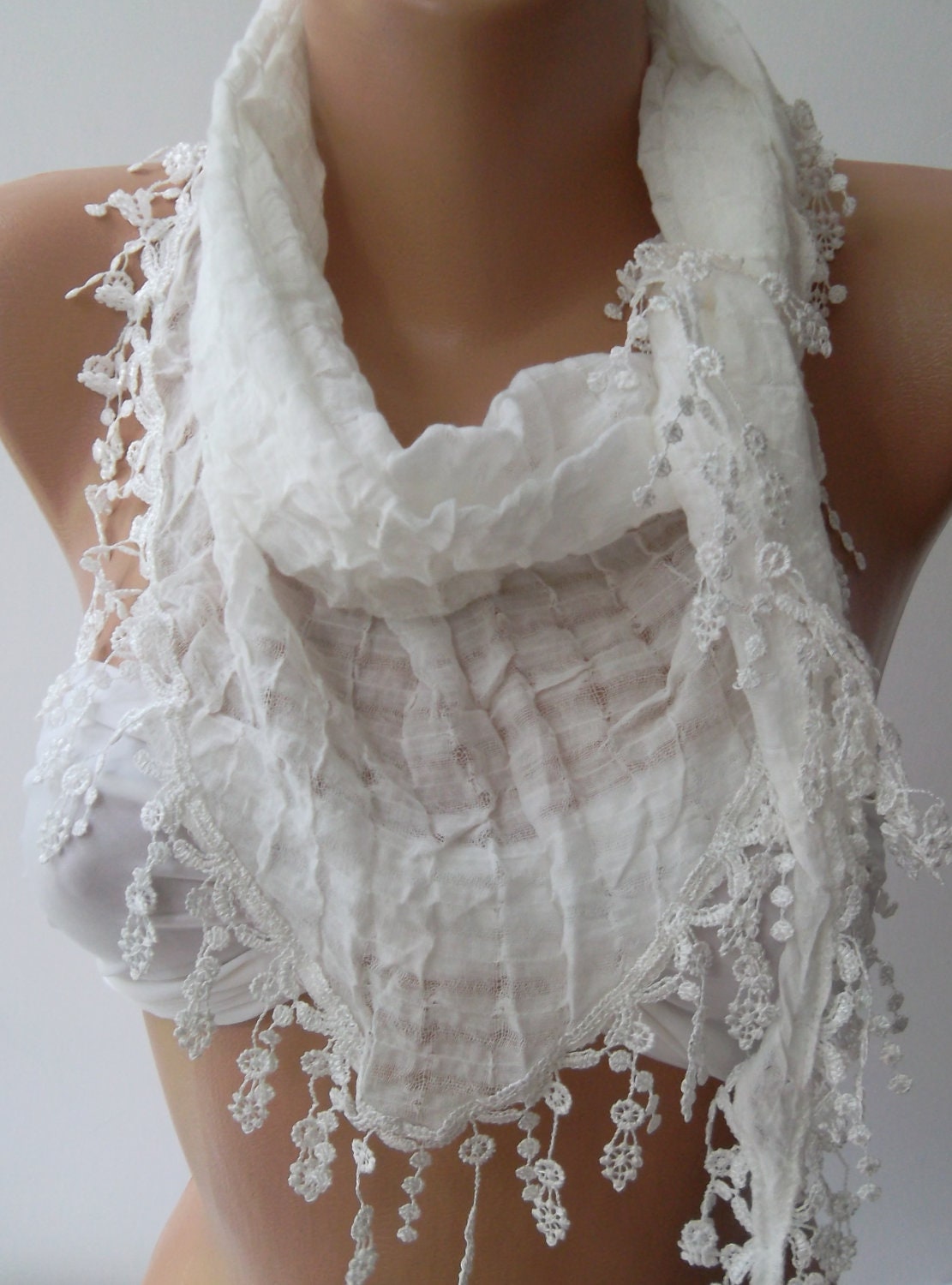 White - Elegance Shawl / Scarf with Lace Edge