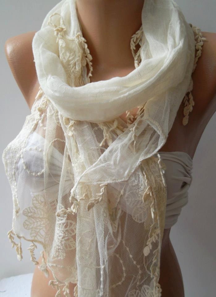 Pearl White ---- Elegance Shawl / Scarf with Lace Edge-